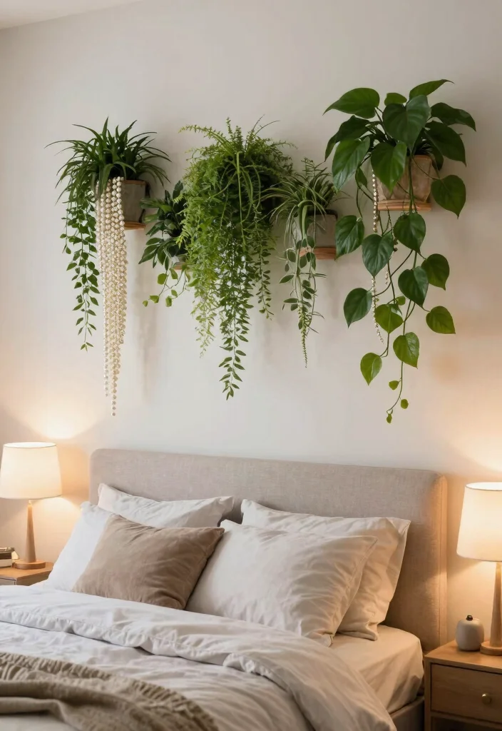 15 Bedroom Plant Decor Ideas That Feel Calm & Cozy - 3. Natural Headboard Display 1