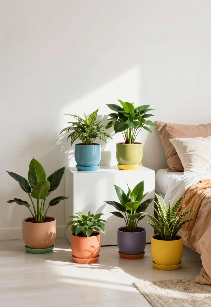 15 Bedroom Plant Decor Ideas That Feel Calm & Cozy - 8. Colorful Plant Pots 1
