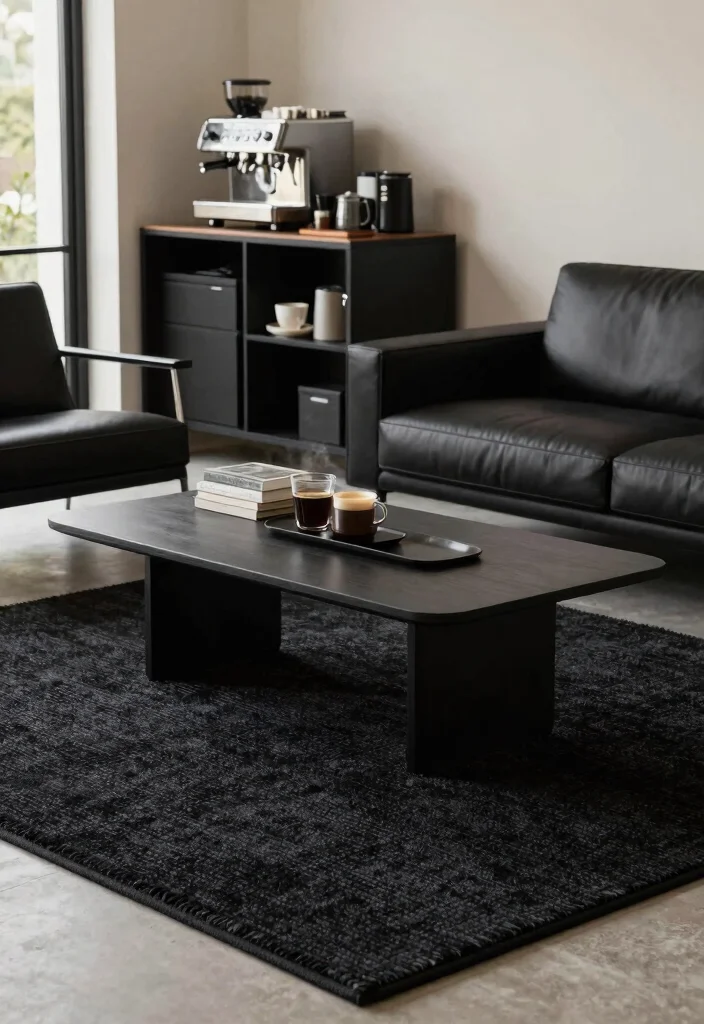 15 Coffee Bar Black Ideas With Bold Modern Edge - 11. Black Rugs for Cozy Texture 1
