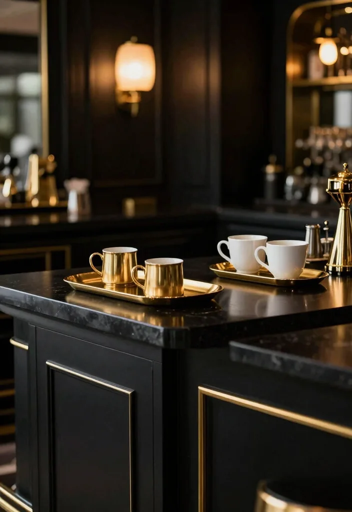 15 Coffee Bar Black Ideas With Bold Modern Edge - 13. Black and Gold Accents 1