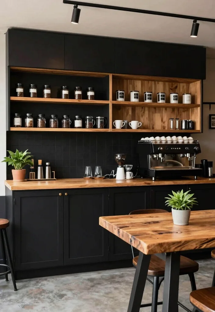 15 Coffee Bar Black Ideas With Bold Modern Edge - 8. Black and Wood Combination 1