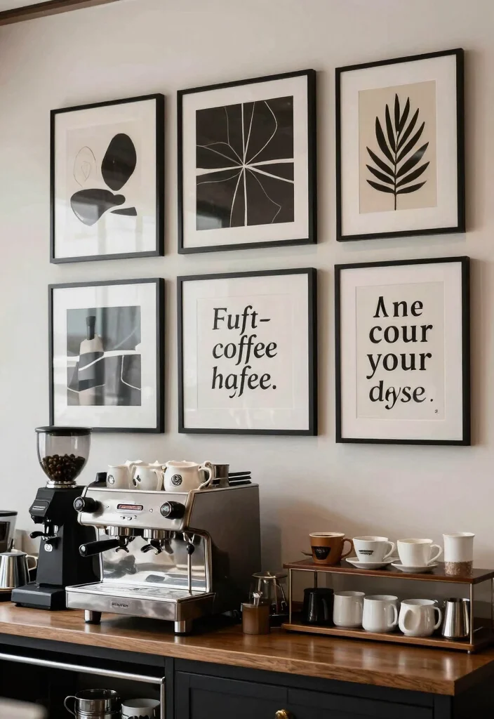 15 Coffee Bar Black Ideas With Bold Modern Edge - 9. Stylish Wall Art 1