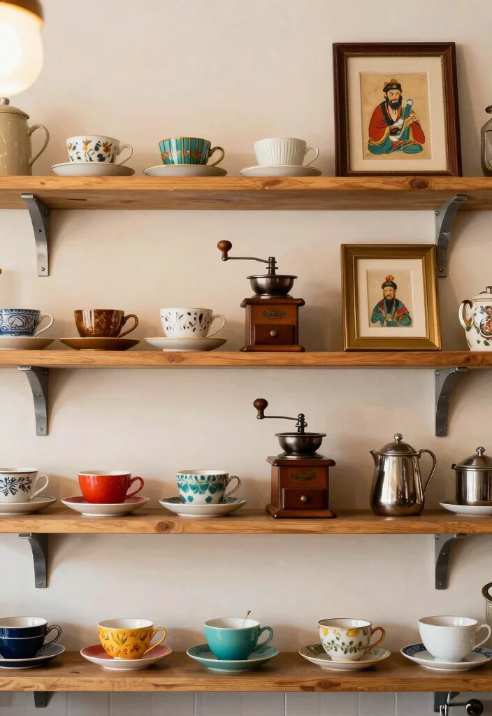 15 Coffee Bar Shelves Ideas That Look Pinterest Perfect - 2. Open Shelving with Vintage Finds 1