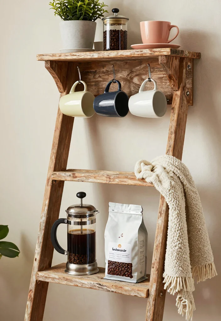 15 Coffee Bar Shelves Ideas That Look Pinterest Perfect - 3. Rustic Ladder Shelf 1