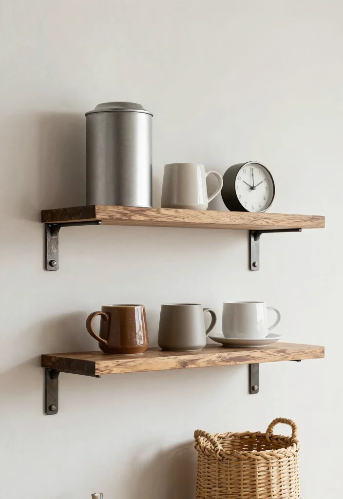 15 Coffee Bar Shelves Ideas That Look Pinterest Perfect - 4. Wall-Mounted Shelving with Metal Accents 1