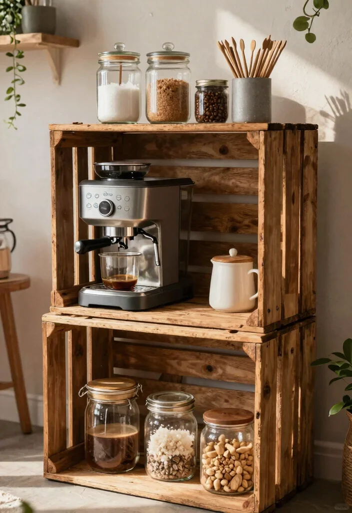 15 Coffee Bar Shelves Ideas That Look Pinterest Perfect - 6. Vintage Crate Coffee Station 1