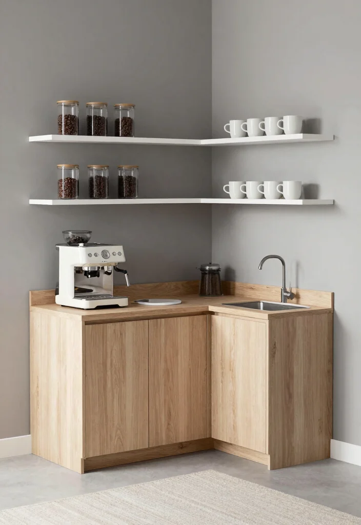 15 Coffee Bar With Sink Ideas for a Functional Setup 1 15 Coffee Bar With Sink Ideas for a Functional Setup - 1. Minimalist Corner Coffee Bar 1