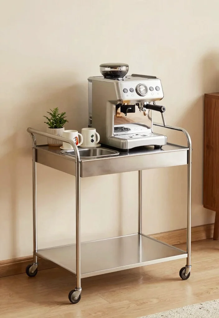 15 Coffee Bar With Sink Ideas for a Functional Setup 24 15 Coffee Bar With Sink Ideas for a Functional Setup - 4. Compact Coffee Bar on a Rolling Cart 1