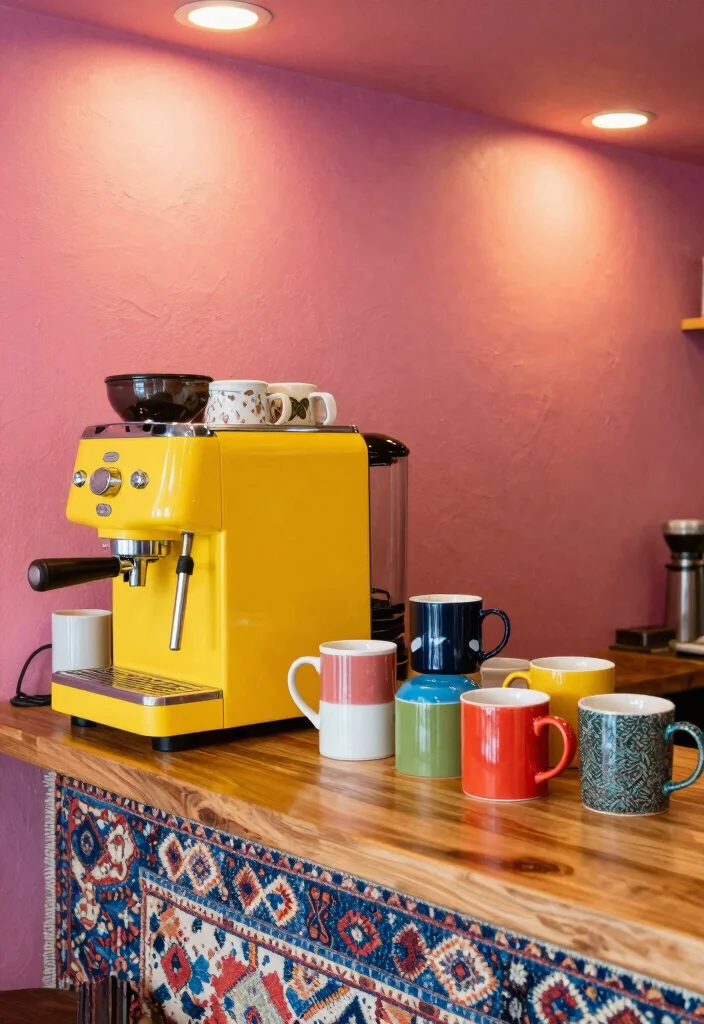 15 Mid Century Modern Coffee Bar Ideas With Retro Flair - 3. Colorful Coffee Bar with Bright Accents 1