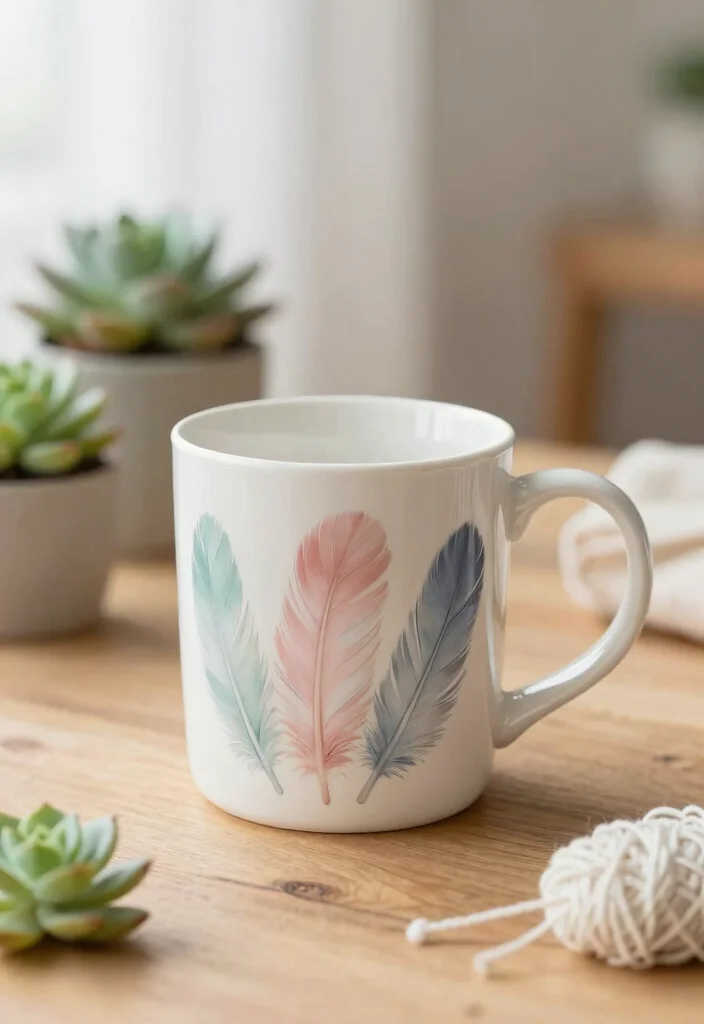 15 Painting Pottery Mug Ideas With Artistic Flair 1 15 Painting Pottery Mug Ideas With Artistic Flair - 1. Boho Chic Feathers 1