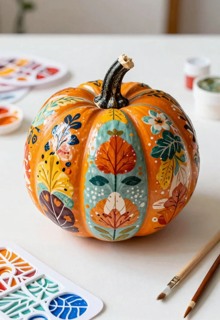 15 Pumpkin Pottery Painting Ideas With Cozy Autumn Vibes - 13. Layered Stencil Patterns 1