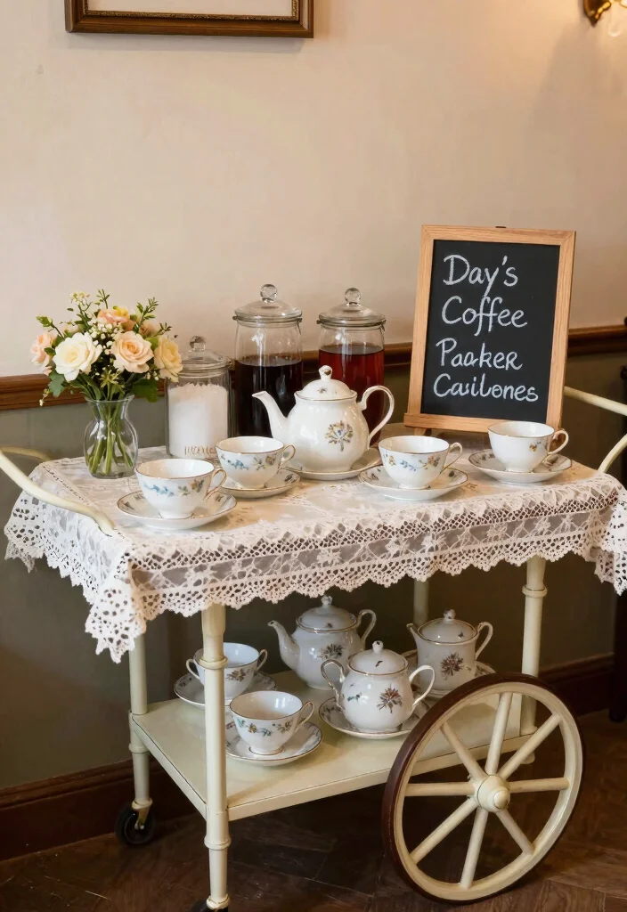 16 Church Coffee Bar Ideas That Feel Warm & Welcoming 3 16 Church Coffee Bar Ideas That Feel Warm & Welcoming - 3. Vintage Tea Cart Coffee Station 1