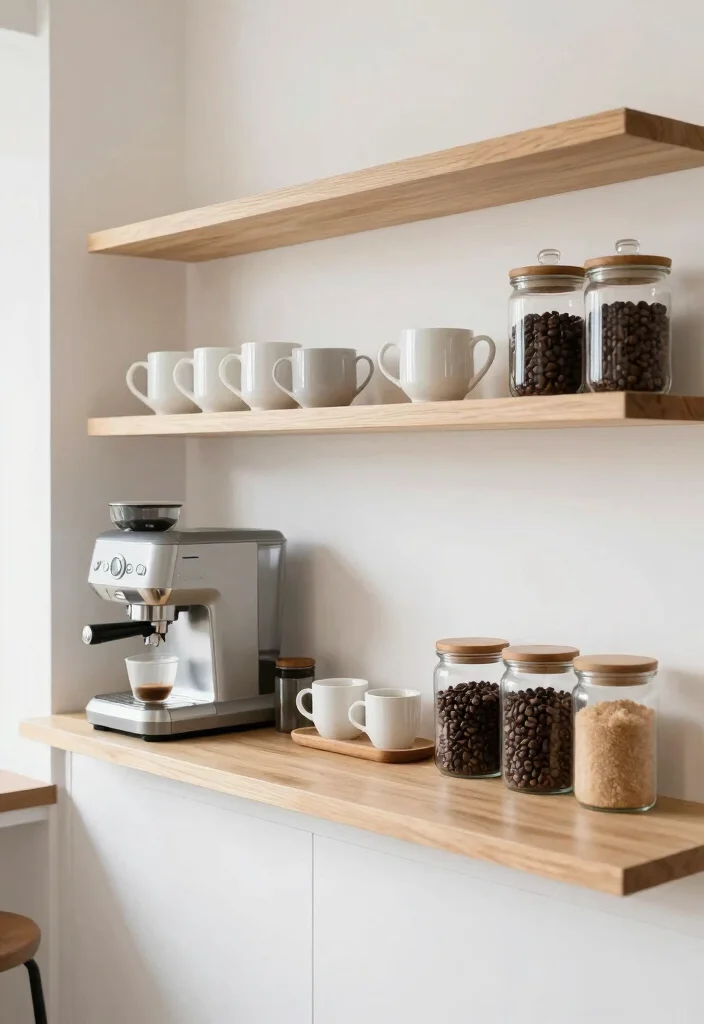 16 Minimalist Coffee Bar Ideas With Clean Aesthetic 13 16 Minimalist Coffee Bar Ideas With Clean Aesthetic - 3. Minimalist Floating Shelves 1