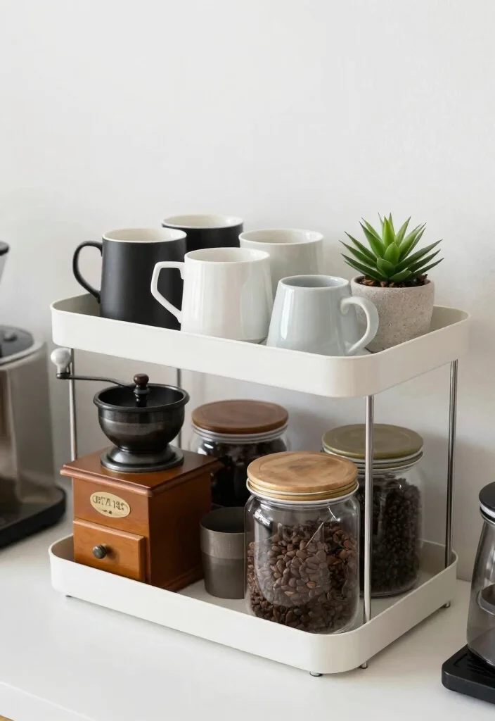 16 Minimalist Coffee Bar Ideas With Clean Aesthetic 26 16 Minimalist Coffee Bar Ideas With Clean Aesthetic - 6. Tiered Tray Organization 1