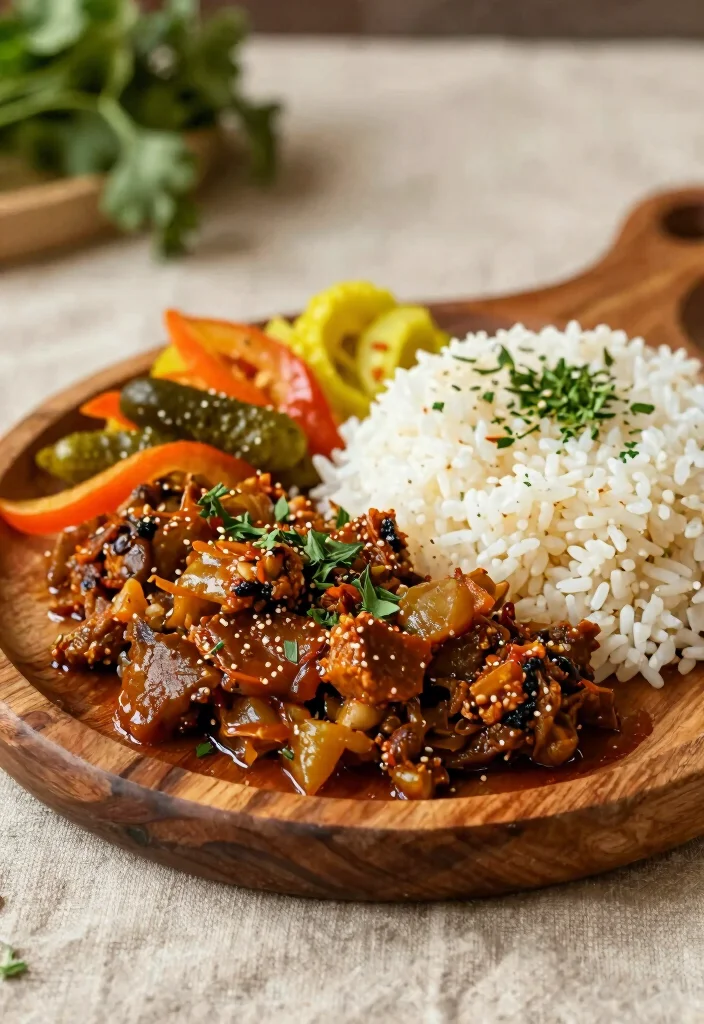 17 Adobo Plating Ideas With Authentic Flair - 1. Rustic Wooden Platter Display 1