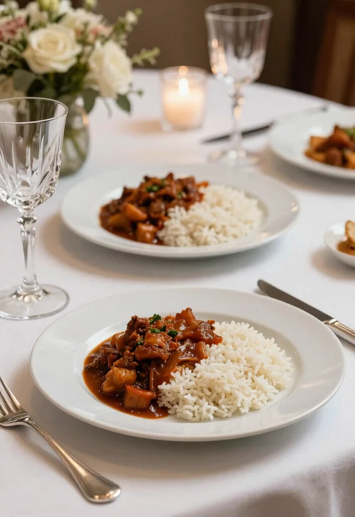 17 Adobo Plating Ideas With Authentic Flair - 2. Elegant White Porcelain Settings 1