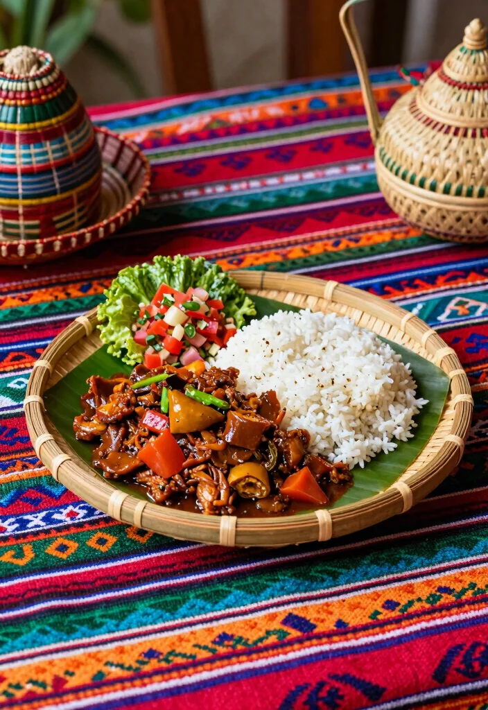 17 Adobo Plating Ideas With Authentic Flair - 7. Vintage Filipino Tablecloth Accents 1