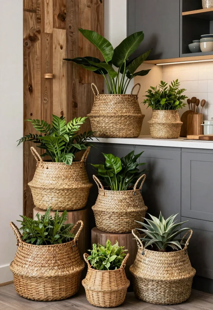 17 Plant Decor Kitchen Ideas That Add Fresh Charm - 10. Basket Displays 1
