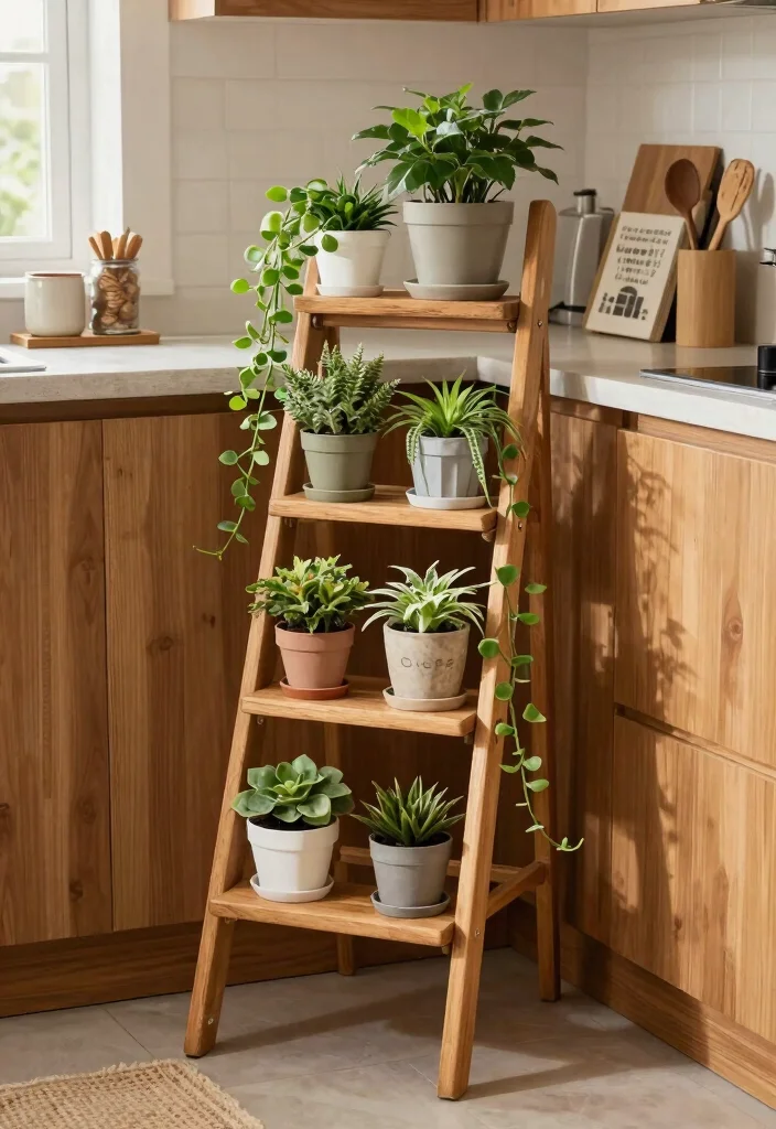 17 Plant Decor Kitchen Ideas That Add Fresh Charm - 13. Plant Ladder in a Corner 1