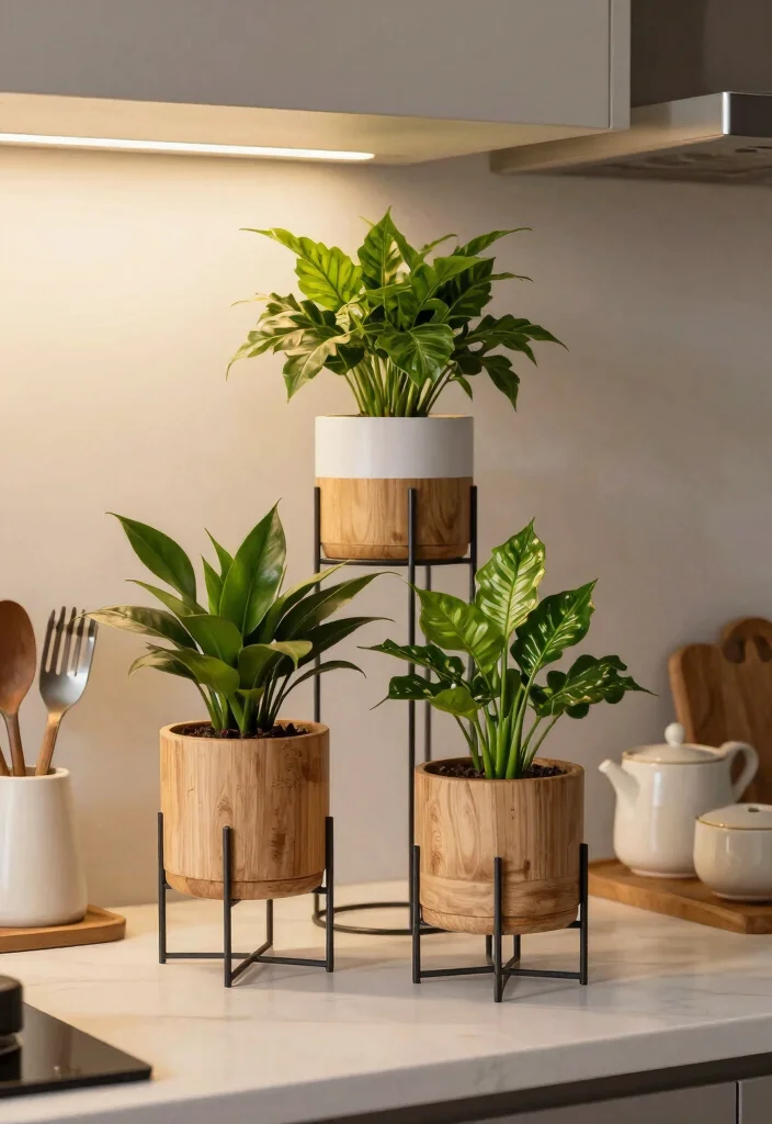 17 Plant Decor Kitchen Ideas That Add Fresh Charm - 15. Stylish Plant Pot Stands 1