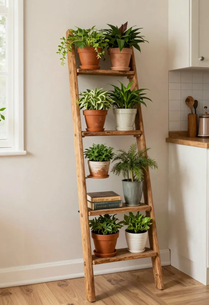 17 Plant Decor Kitchen Ideas That Add Fresh Charm - 8. Use a Ladder for Display 1