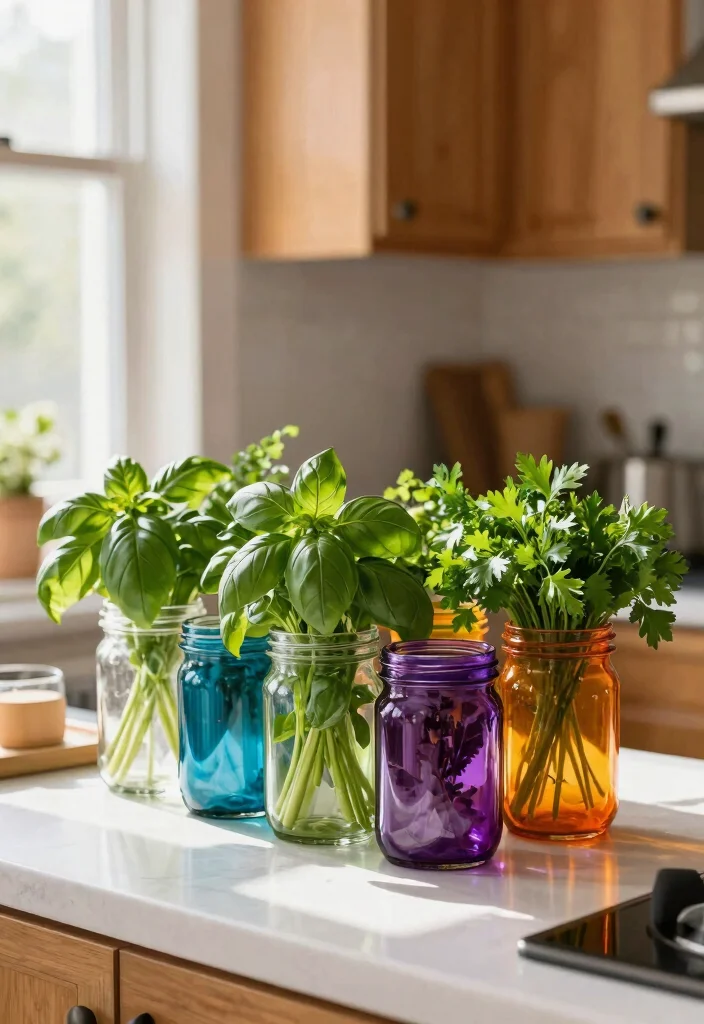 17 Plant Decor Kitchen Ideas That Add Fresh Charm - 9. Colorful Herb Jars 1