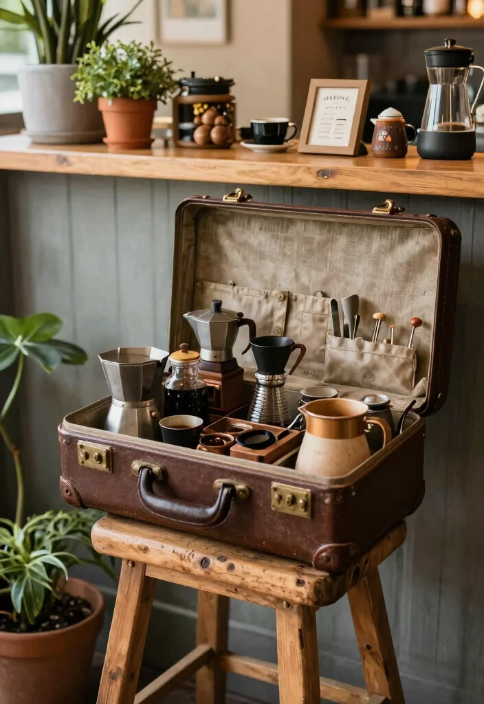 18 Bohemian Coffee Bar Ideas With Relaxed Chic Style 2 18 Bohemian Coffee Bar Ideas With Relaxed Chic Style - 2. Vintage Suitcase Coffee Bar 1