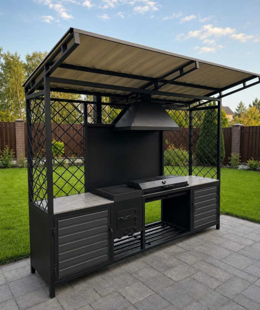 Black metal outdoor BBQ island with built-in grill and roof on a stone patio.