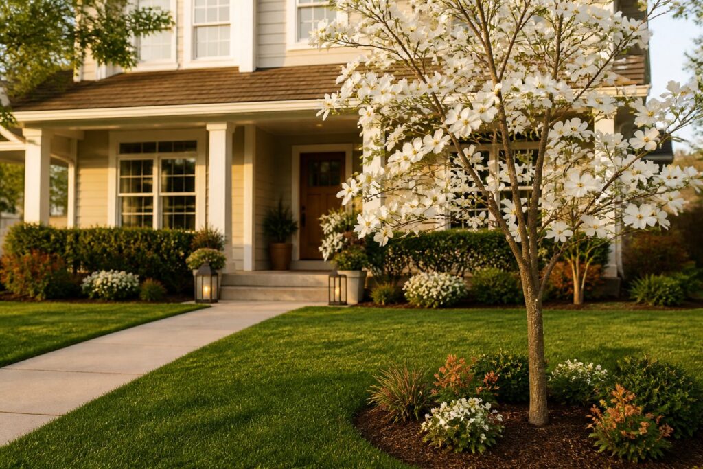 A well-manicured front yard with a charming home and vibrant trees