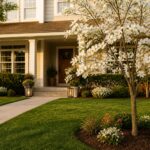 A well-manicured front yard with a charming home and vibrant trees
