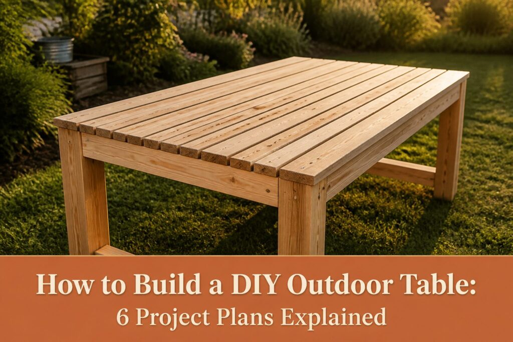 Materials and tools for building a DIY outdoor table.