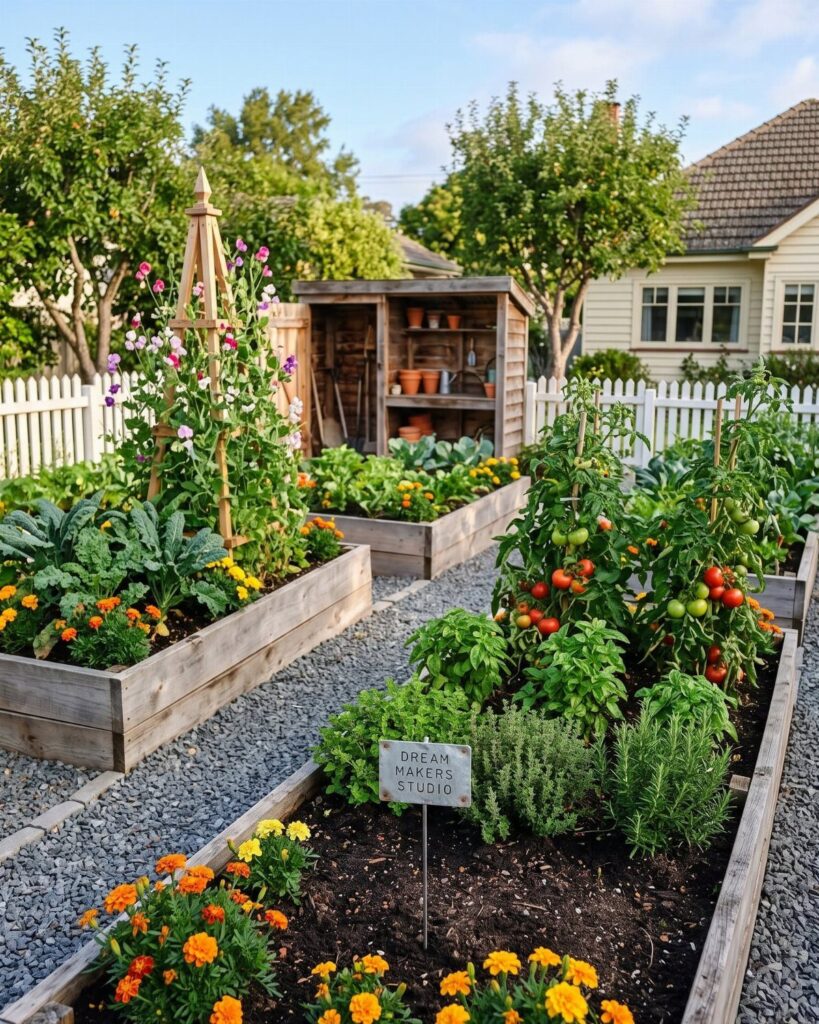 Wooden raised garden beds filled with vegetables and orange flowers sit on a gravel path.