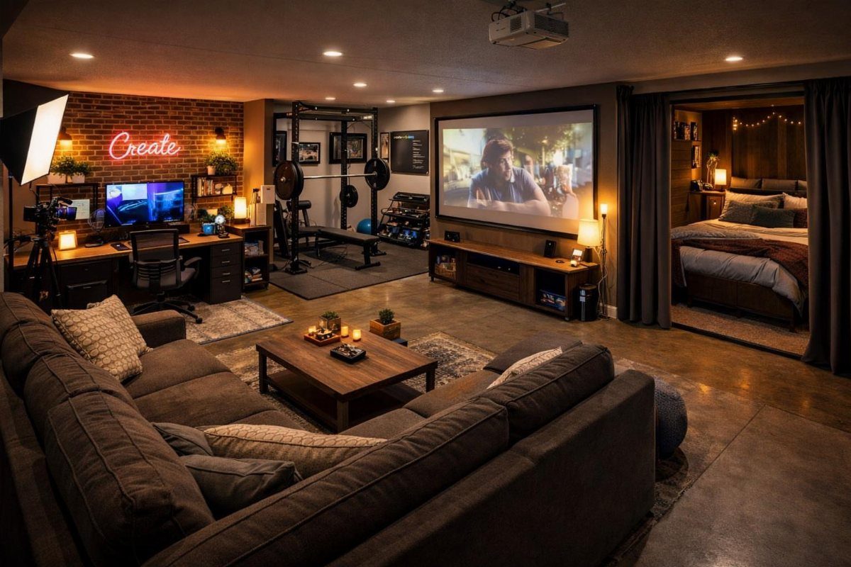 A large media room with a projector screen, sectional sofa, computer desk, and home gym area.