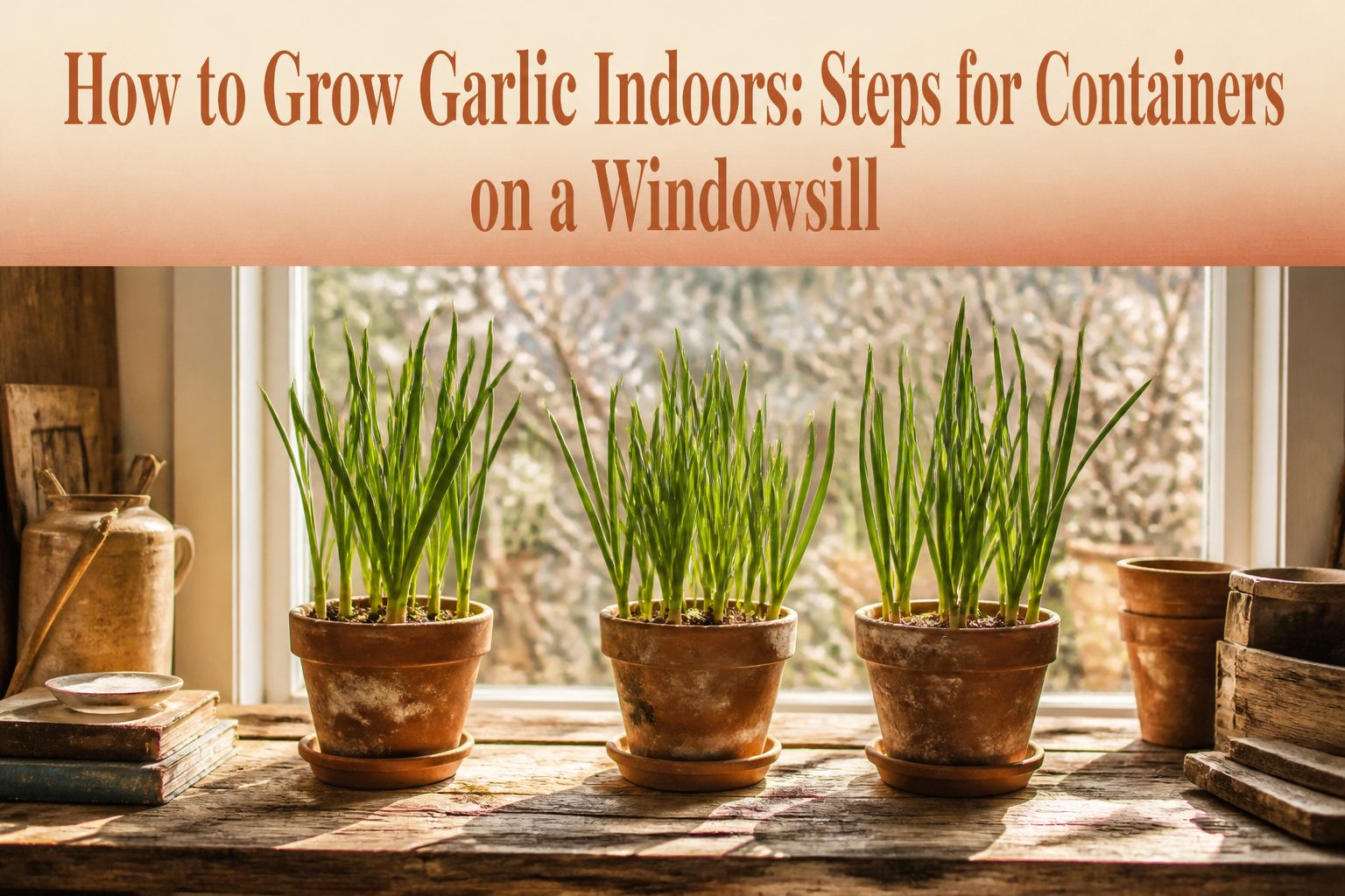 An indoor garden with garlic plants growing in containers on a windowsill.