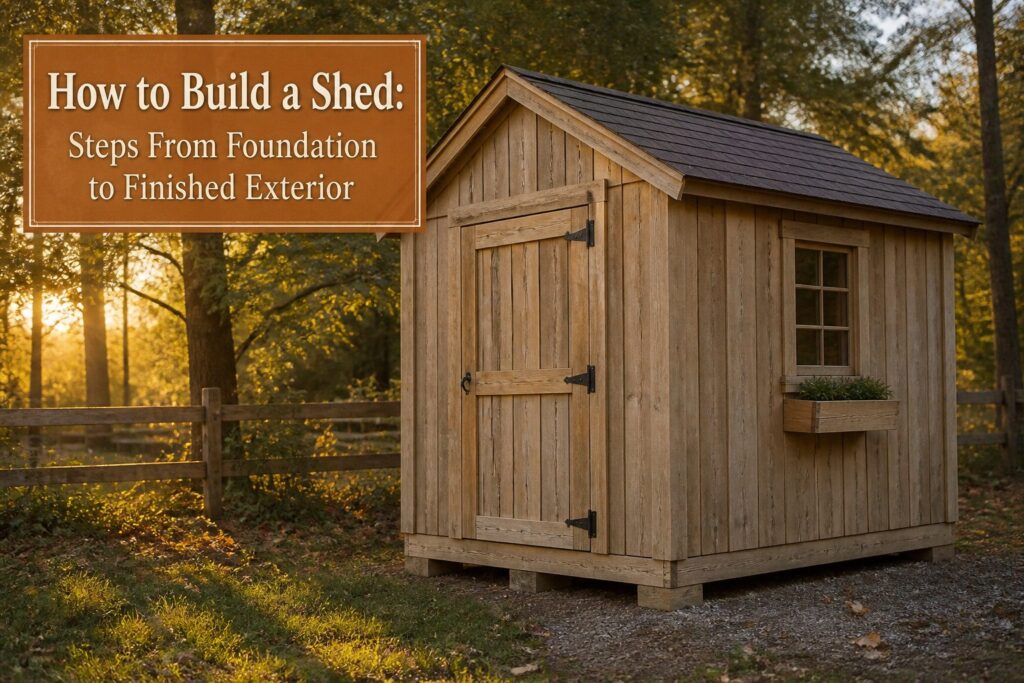 A shed with a solid foundation and framework under construction.