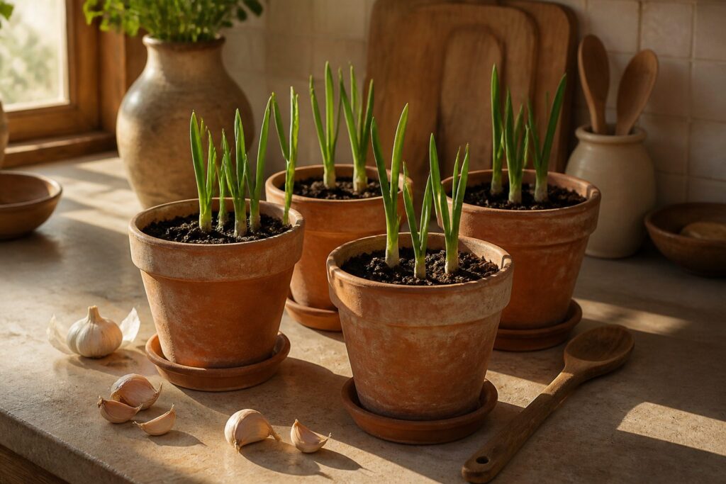 A collection of potted garlic plants growing in various containers.