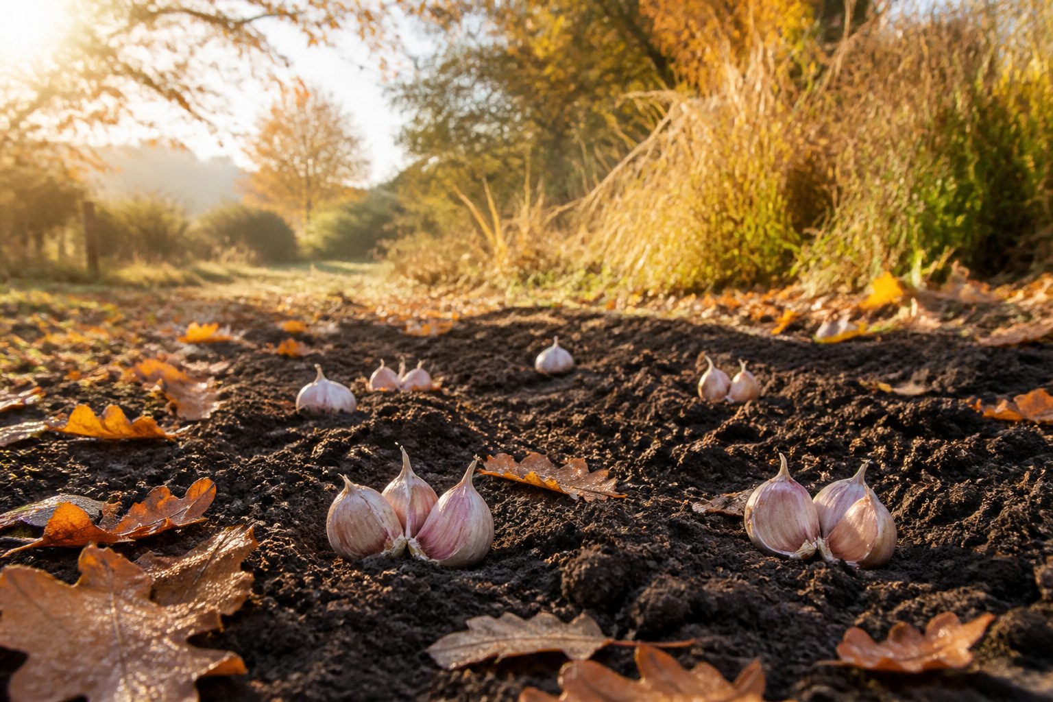 Various garlic cloves displayed on a rustic wooden table.