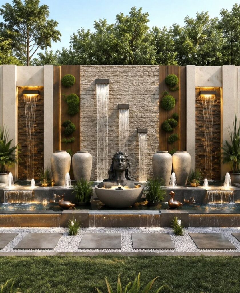 A modern stone water feature with cascading waterfalls, a central female sculpture, and large decorative urns.