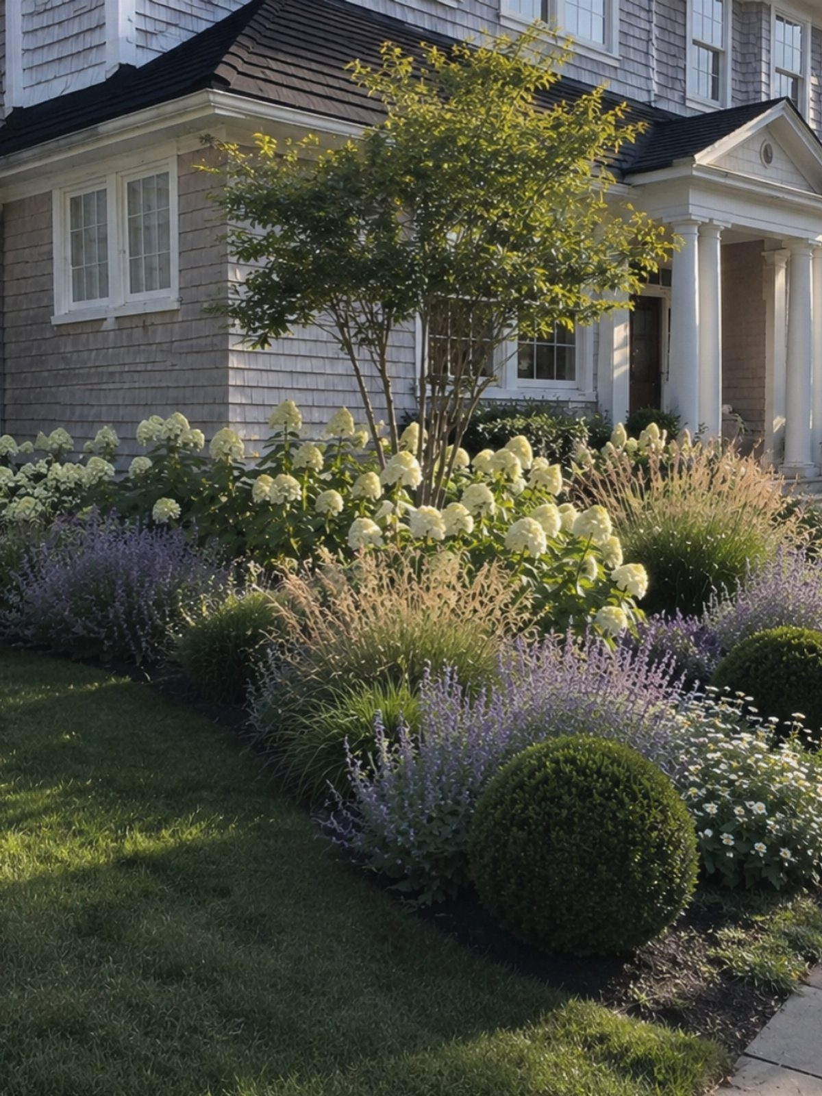 Lush garden with white hydrangeas, purple lavender, and ornamental grasses in front of a house.