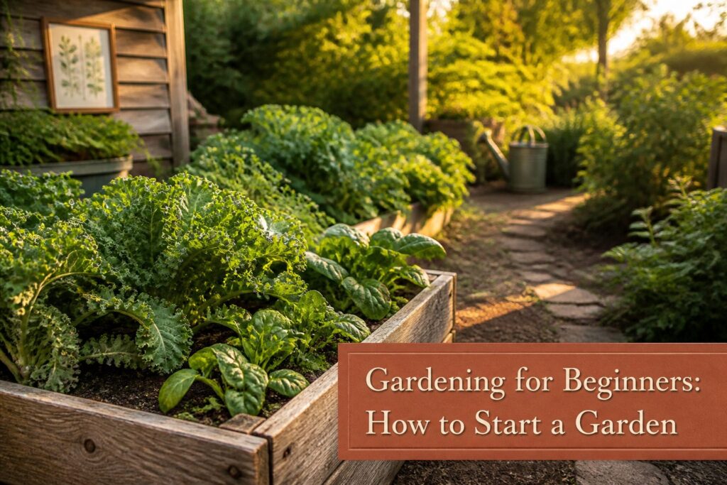 A garden with various plants growing in rich soil under bright sunlight.