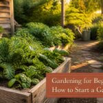 A garden with various plants growing in rich soil under bright sunlight.