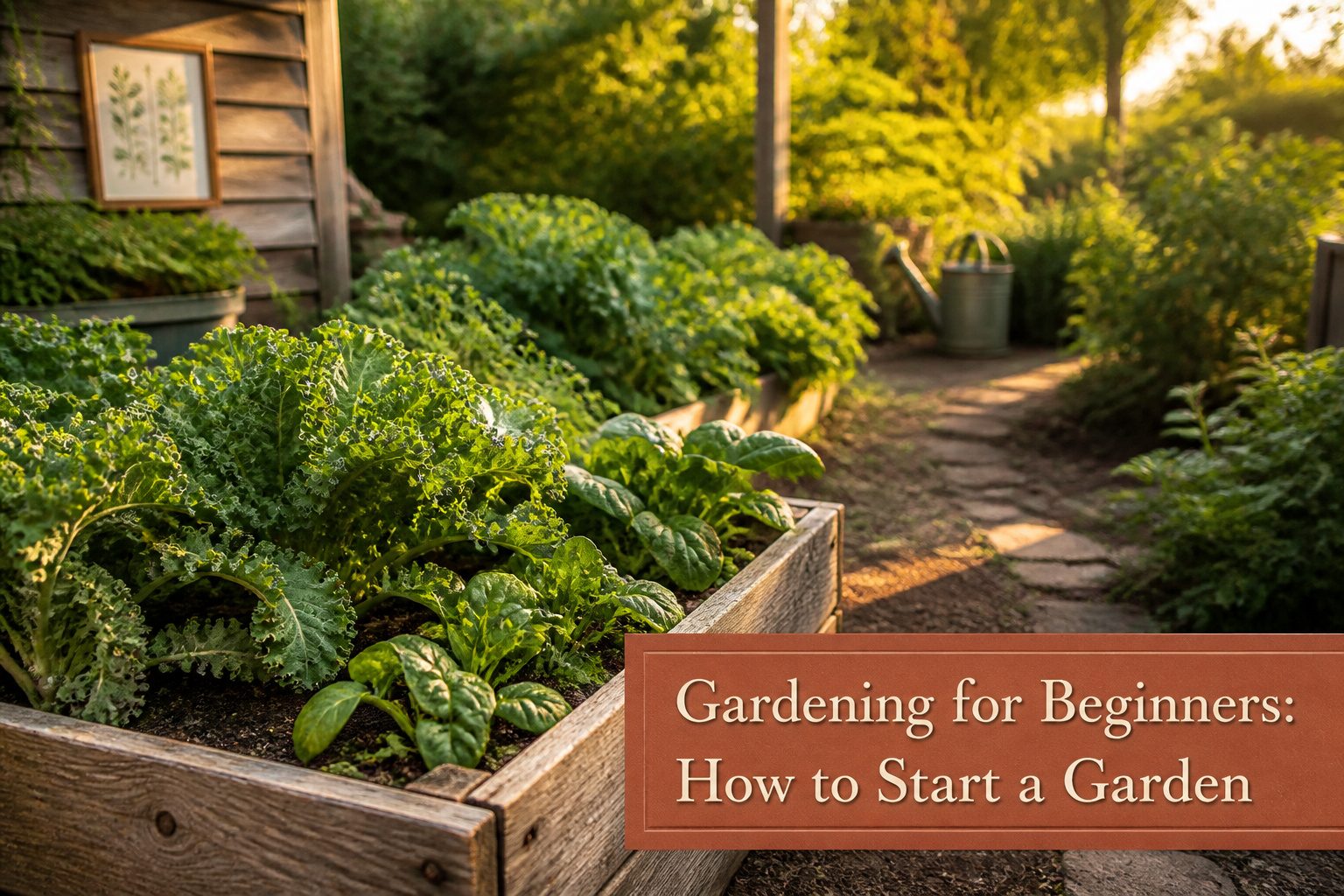 A garden with various plants growing in rich soil under bright sunlight.