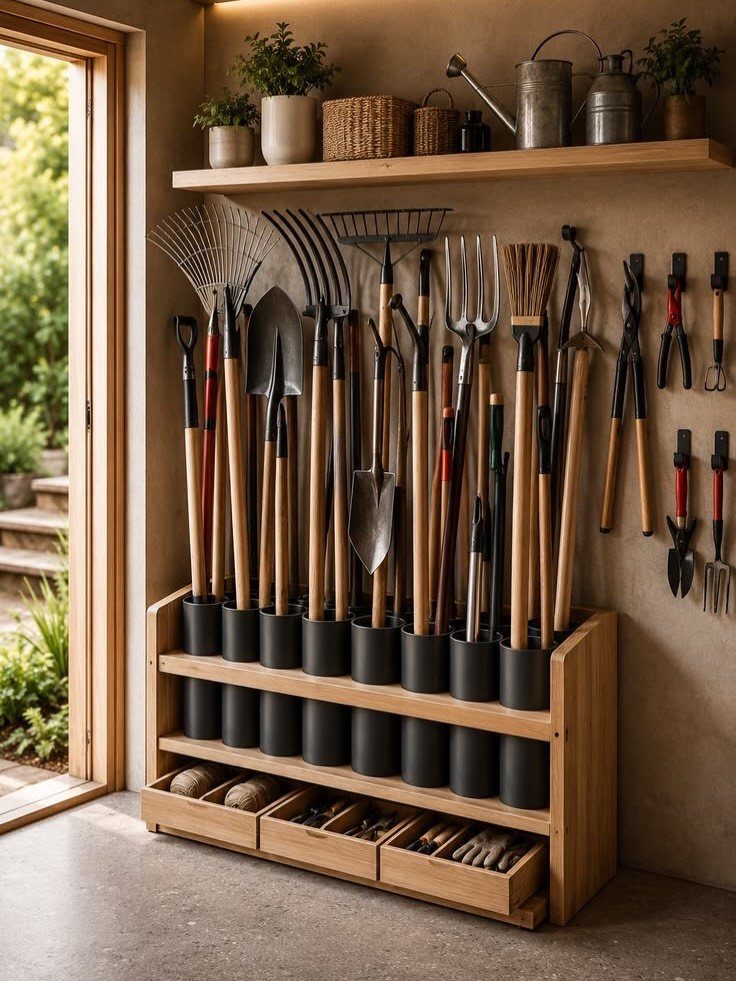 Garden tools organized in a wooden rack with black holders and a shelf above.