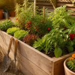 A cozy backyard garden with sunlight casting a warm glow over plants.