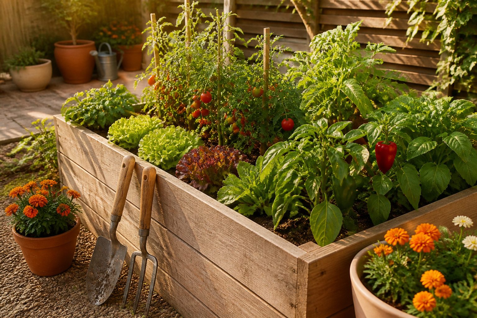 A cozy backyard garden with sunlight casting a warm glow over plants.