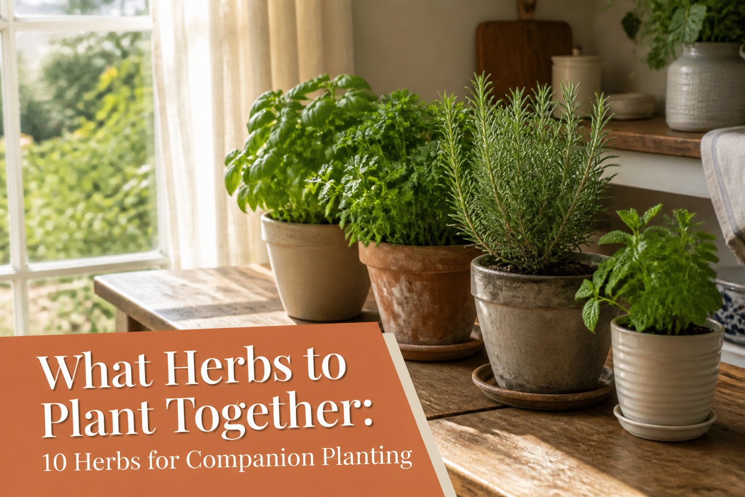 Various herbs growing together in a garden setting.